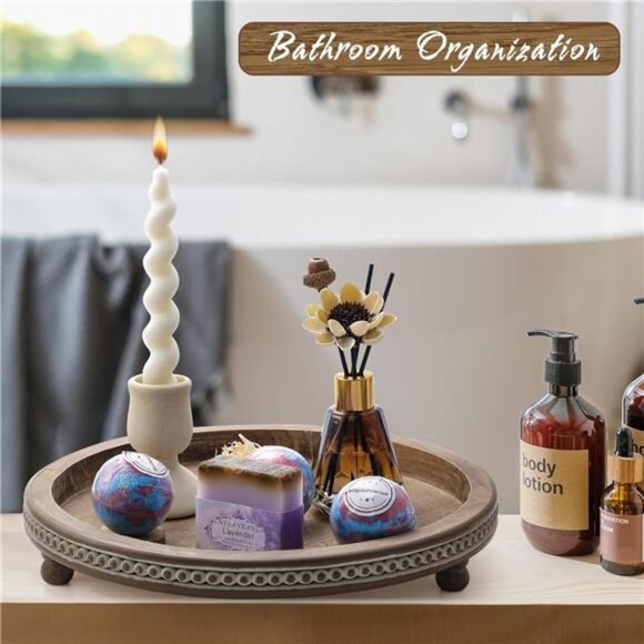 Handmade Wooden Serving Tray, Small Beaded Coffee Table Tray Decor, Warm Brown - Picture 4 of 7